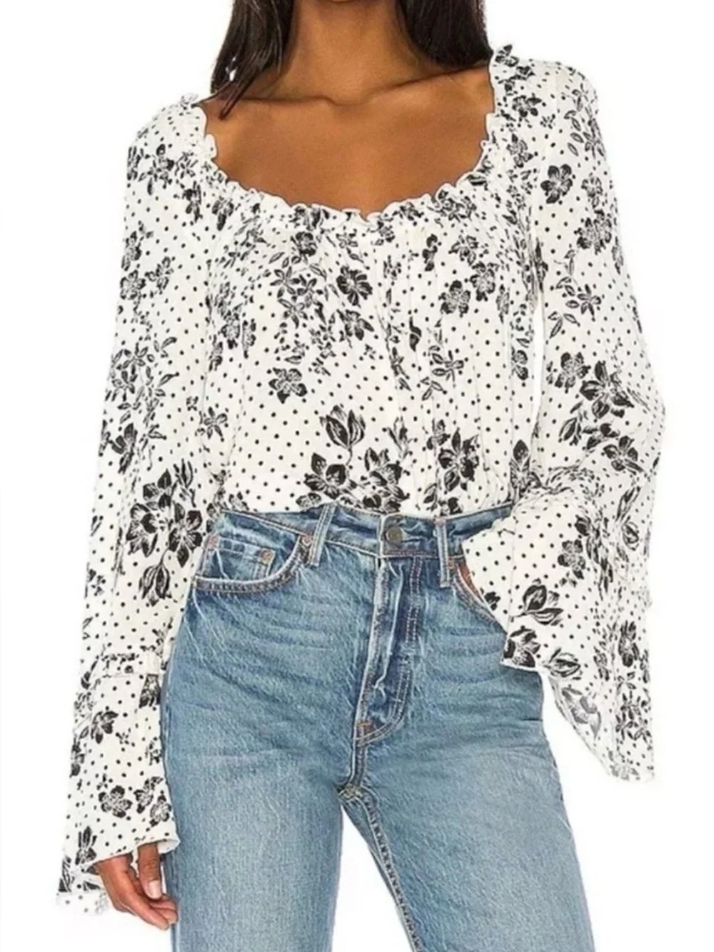 Free People One on One Date Bell Sleeve Floral Polka Dot Bodysuit